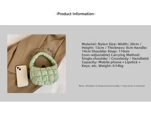 Detail of mint green quilted nylon bag with silver chain strap and 20x13x8cm size info
