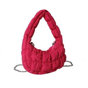 Hot pink quilted bubble cloud handbag with slim silver chain strap for women
