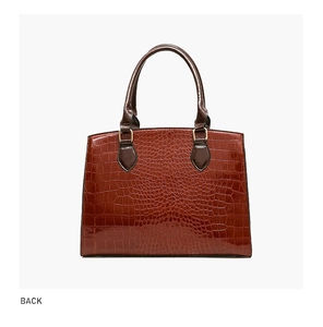 Vue arrière du sac cabas marron foncé à motif crocodile avec finition brillante et dorure