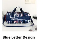 Detail of blue travel bag with athletic letter print and durable nylon straps