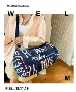 Detail of navy travel bag with contrast letter print and wide adjustable shoulder strap
