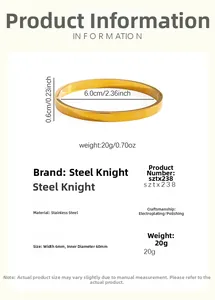 Detailed size specifications for a 6mm wide polished gold stainless steel bangle bracelet