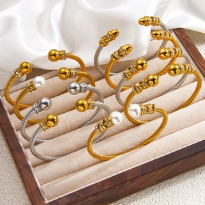 Bracelet Jonc Ouvert Torsadé En Acier Inoxydable Avec Strass Zircon Künstliche Perle Fantaisie Bijoux De Mode Élégants Pour Femmes
