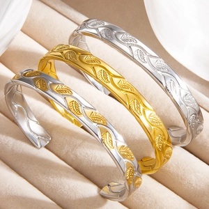 Leaf Pattern Open Cuff Bangle Titanium Steel 18K Gold Plated Two-Tone Elegant Fashion Jewelry Women Accessories
