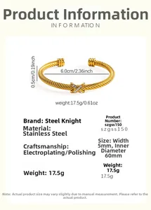 Detail view of twisted gold-plated titanium steel cuff with diamond-set X knot and dimensions
