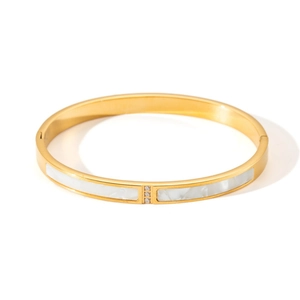 Elegant gold titanium steel bracelet with white shell inlay and sparkling zircons