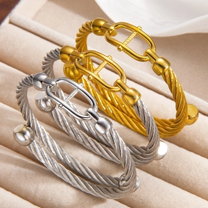 Twisted Cable Bangle Bracelet 18K Gold Plated Stainless Steel Horsebit Buckle Adjustable Minimalist Jewelry For Women Men