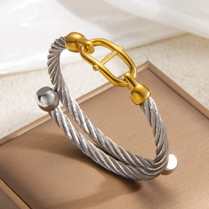 Two-tone twisted cable bracelet with 18k gold plated pig nose buckle for women