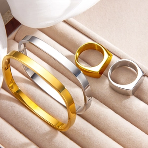 Minimalist 18k gold and silver plated irregular square bangle and ring jewelry set