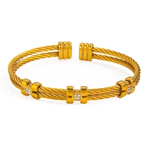 Adjustable twisted cable bangle with H-shaped diamond-set gold accents for women