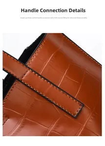 Detailed close-up of crocodile pattern texture and stitching on the brown handbag handle