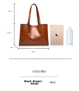 Brown crocodile embossed tote bag dimensions 34x25x12cm with iPad for size reference