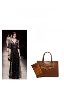 Brown leather tote bag set including matching crocodile texture wallet for women