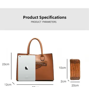 Size guide for large brown crocodile texture tote bag and matching long wallet set