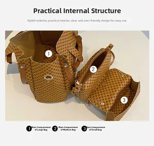 Detailed top view of brown monogram tote bag set showing three-piece internal structures