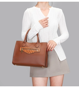 Detail of brown pebbled leather handbag with crocodile pattern patch pocket and gold hardware