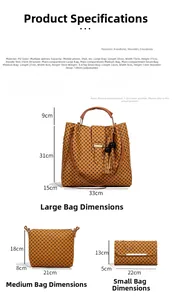 Detailed size dimensions of three-piece brown PU leather tote set with geometric patterns
