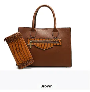 Brown lychee leather tote bag with matching crocodile embossed zipper wallet two-piece set
