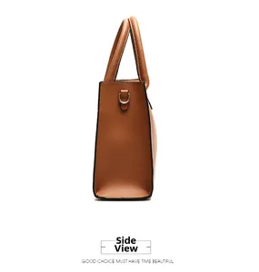 Detailed side view of caramel brown tote bag with premium lychee grain leather texture