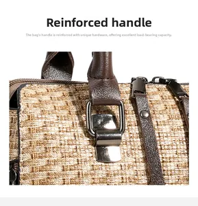 Detail of reinforced leather handle with sturdy metal hardware on woven tote bag