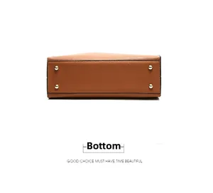 Detail view of the brown lychee pattern leather bag bottom with golden metal feet
