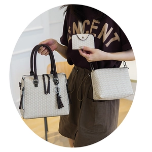 Three-piece beige textured tote set with shoulder bag and clutch for women's fashion