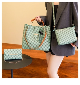 Detailed set of three light green checkered bags including a tote, crossbody and wallet