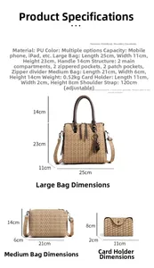 Size chart showing 3-piece PU leather bag set dimensions including tote and crossbody bag