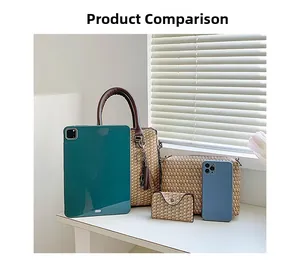 Three-piece woven straw bag set with tote, pouch, and card holder beside a tablet and phone