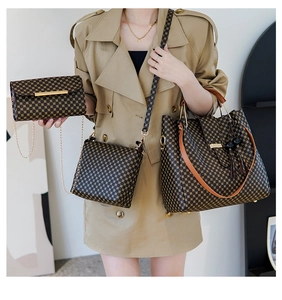 Three-piece handbag set featuring tote with metallic handles and vintage brown check pattern