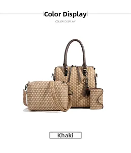 Detailed view of khaki 3-piece bag set with woven texture and leather handles
