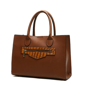 Brown color-block tote bag in lychee and crocodile leather with golden hardware