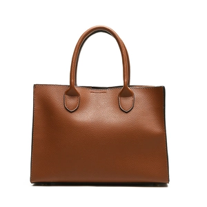 Brown litchi pattern leather tote bag with sturdy dual handles on a white background