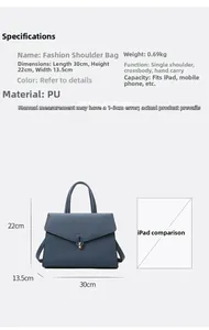 Detail view of navy PU leather handbag dimensions 30x22x13.5cm with iPad capacity