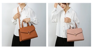 Detail of leather handbags with golden clasp and adjustable strap in caramel and pink