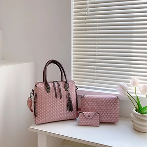 Women Woven Texture PU Leather Handbag Tote Bag Crossbody Bag And Wallet With Tassel Cat Charm Elegant Casual