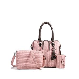 Chic 3-piece tweed tote bag set with pink woven texture and cute cat tassel charm