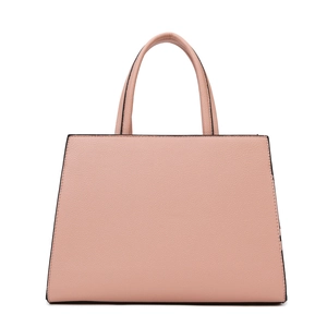 Pink litchi texture tote bag with double handles and black edge finish on white background