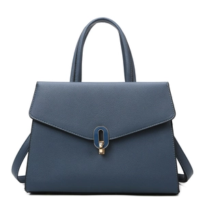 Elegant blue-grey lychee pattern leather handbag with golden metal buckle and dual handles