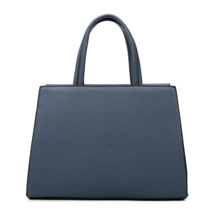 Classic blue lychee grain leather tote bag with sturdy double handles on white background