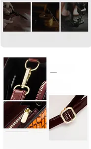 Detail der weinroten Lackledertasche mit orangefarbener Krokoprägung und Goldbeschlag