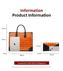 Detaillierte Maße der orangefarbenen Tragetasche mit Steinmuster und passender Clutch