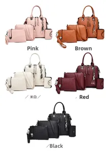 Dettaglio del set di 5 borse intrecciate con shopper, tracolla, portafoglio e nappa