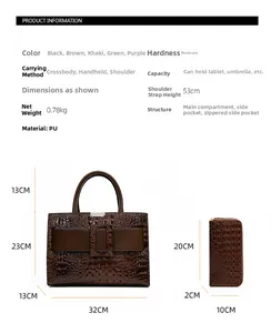 Detailed size chart for crocodile pattern PU handbag and wallet set with measurements