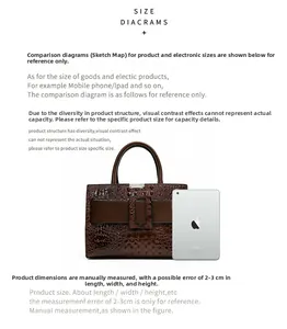 Detail of crocodile pattern handbag with square buckle next to an iPad for size reference
