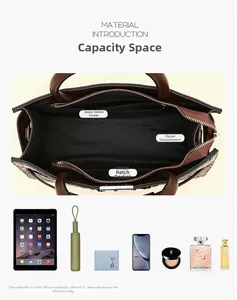 Internal view of brown leather handbag showing spacious capacity for iPad, umbrella, and phone