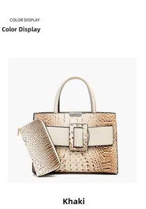 Detail view of khaki crocodile pattern handbag set with square buckle and matching wallet