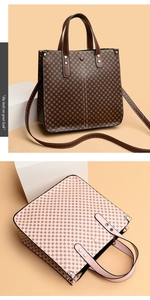 Detail of vintage tote bag featuring geometric print, top handles, and adjustable strap