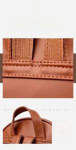 Detailed view of reinforced stitching on the brown leather backpack handle and straps