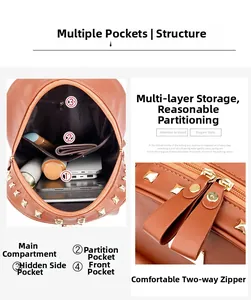 Detail view of the caramel leather backpack interior with multi-pocket storage structure